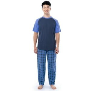 Fruit of the Loom Men's Raglan Short Sleeve T-shirt and Plaid Pajama Sleep Pant Set, Sizes S-2XL