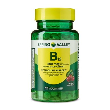 Spring Valley Sublingual Vitamin B12 Supplement, Cherry Flavor, 500 mcg, 200 Count, Microlozenges for Metabolism Support