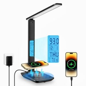 LED Desk Lamp with Wireless Charger and USB Port, Foldable, Clock and Alarm, 5-Level Dimming, Black
