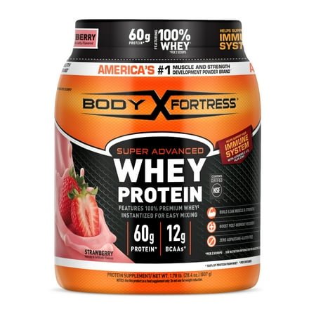 Body Fortress Super Advanced 100% Premium Whey Protein Powder, Strawberry, 60g Protein, Immune Support , Vitamins C & D Plus Zinc, 1.78 lbs