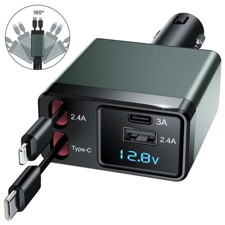 NEXPOW Retractable Car Charger Adapter, 150W Fast Charger for Car, 4 in 1 Car Phone Charger with Cables(2.6ft), 180° Adjustable,Voltage Display-Green