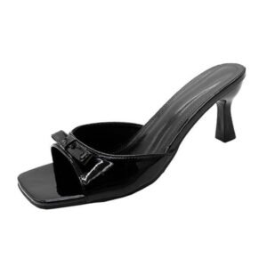 ShiShine Women's Open Square Toe Kitten Heel Sandals Slip On Bow Mule Sandals Fashion Comfortable Dress Shoes