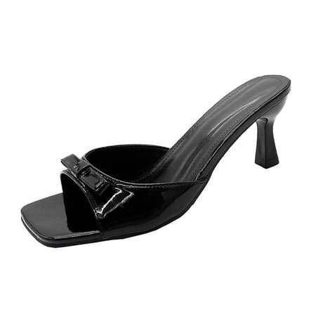 ShiShine Women's Open Square Toe Kitten Heel Sandals Slip On Bow Mule Sandals Fashion Comfortable Dress Shoes