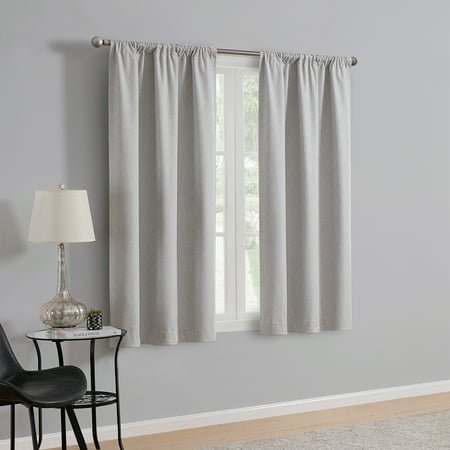 Mainstays Iris Linen Look 100% Blackout Curtain Panel Pair, Set of 2 Room Darkening Drapes for Bedroom, Silver, 37"W x 63"L