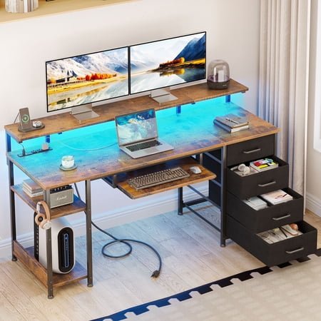 Casacomoda 55 inch Office Desk with Power Outlet and Adjustable Monitor Stand, Computer Desk with Fabric Drawer and Keyboard Tray, Gaming Desk with LED Light & PC Stand, Vintage