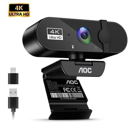 AOC 4K Webcam for PC，Web cam with High Resolution CMOS Color Sensors, USB Web Camera for Laptop, Conference Video, Chat software, Black, New