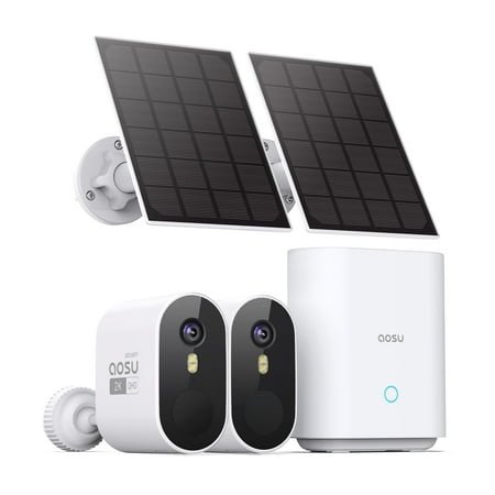 AOSU Solar Wireless Outdoor Security Cameras, 2K/3MP Home Security System, 2 Camera Kit with 166° Ultra-Wide View, Solar Powered, Spotlight, Night Vision, No Monthly Fee, 32G Local Storage