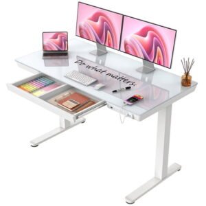 CHITOOMA Glass Top Electric Standing Desk with Drawer, 48'' x 24'' Electric Height Adjustable Desk with USB Charging Ports, Sit Stand up for Home Office