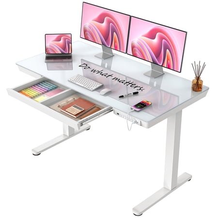 CHITOOMA Glass Top Electric Standing Desk with Drawer, 48'' x 24'' Electric Height Adjustable Desk with USB Charging Ports, Sit Stand up for Home Office