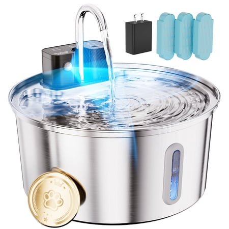 FWMB Wireless Cat Water Fountain Stainless Steel - 108oz/3.2L Automatic Cat Fountain Cordless, Battery Operated Pet Fountain with 3 Modes, Rechargeable Water Dispenser for Cats, Dogs, Multiple Pets