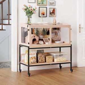 Jaxpety 39" Extra Large Wooden Hamster Cage with Clear Acrylic Enclosure, Rolling Wheels & Storage Stand,Ideal Habitat for Guinea Pigs, Chinchillas