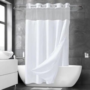 Ikfashoni White Hookless Shower Curtain with Snap in Liner, Waffle Weave Fabric No Hook Waterproof Mesh Window Bathroom Curtain, 72"X74"