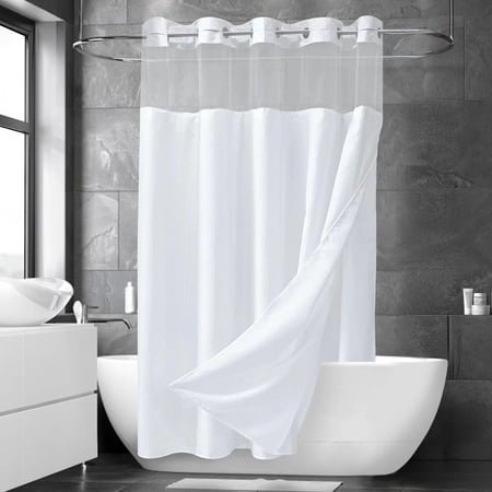 Ikfashoni White Hookless Shower Curtain with Snap in Liner, Waffle Weave Fabric No Hook Waterproof Mesh Window Bathroom Curtain, 72"X74"