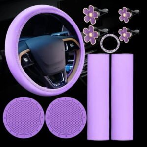 TEAMD 10 PCS Car Accessories Leather Steering Wheel Cover Set, Car Steering Wheel Cover for Women with Seat Belt Pads Cup Holders Start Button, Purple
