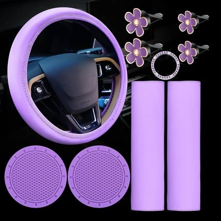 TEAMD 10 PCS Car Accessories Leather Steering Wheel Cover Set, Car Steering Wheel Cover for Women with Seat Belt Pads Cup Holders Start Button, Purple