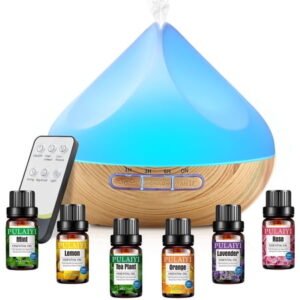 Noahstrong 500ml Essential Oil Diffuser with 6*10ml Essential Oils Set, Flower Aromatherapy Diffusers with Remote Control, Air Humidifier Vaporizer for Large Room Bedroom Office