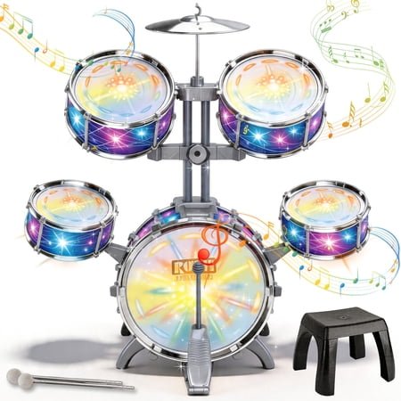 LINXUXIE Upgrade Big Size Kid Drum Set for Toddlers with 5 Jazz Drum Kit & Star Light Musical Instrument Toys,Boys Gils Gifts for Aged 1-3 3-5
