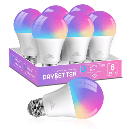 DAYBETTER Smart Bulb, RGBCW Color-Changing Bulb, Compatible with Alexa and Google Home, Preset Scenes, Music Sync, A19 E26 2.4G WiFi Bluetooth Dimmable LED Bulb, Equivalent to 60W, 800LM, 6 Pack