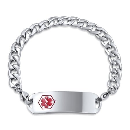 Bling Jewelry Mens Lightweight Red Medical Identification Blank Medical ID Curb Link Bracelet Stainless Steel 8.5 Inch
