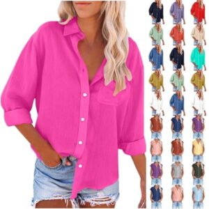 Fatuov Button Up Shirts for Women Cotton Linen Casual Tops Long Sleeve Button Down Blouses Sexy Solid Color Turn-down Collar Tops Hot Pink