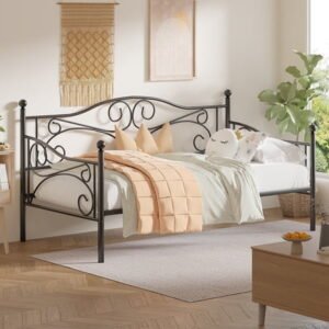 VECELO Twin Size Metal Daybed, Victorian Platform Sofa Bed Frame for Living Guest Room, Black