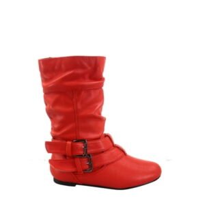 Sonny 54k Youth's Girls' Kid's Causal Round Toe Buckles Flat Heel Zip Mid Calf Riding School Boots Shoes (Red, 11)