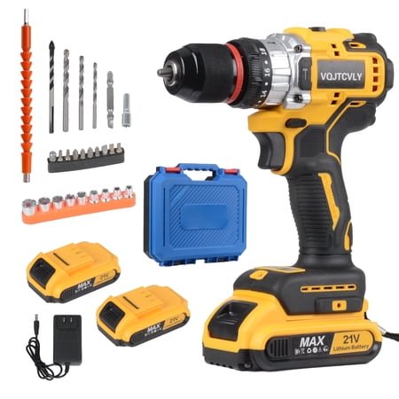 Euur 21V MAX Brushless Cordless Drill Set, Power Drill Kit with Battery and Charger, 3/8-Inch Keyless Chuck, Variable Speed, 18 Position and 26pcs Drill Bits (Yellow)