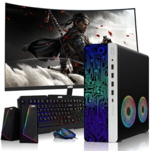 Restored HP G4 Desktop Computer PC, AMD Ryzen 3 PRO, 8GB RAM, 256GB SSD, 27 Inch Curved Monitor, RGB KBM, Speaker, 2X ARGB Fan, WiFi BT, Win 11