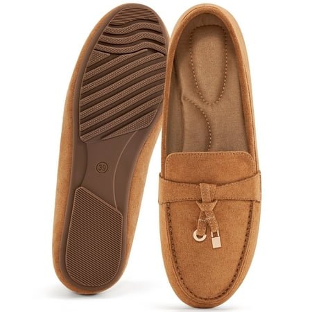 Ecetana Women's Suede Loafers Slip-On Flat Shoes Round Toe Casual Shoes for Daily Office Walking