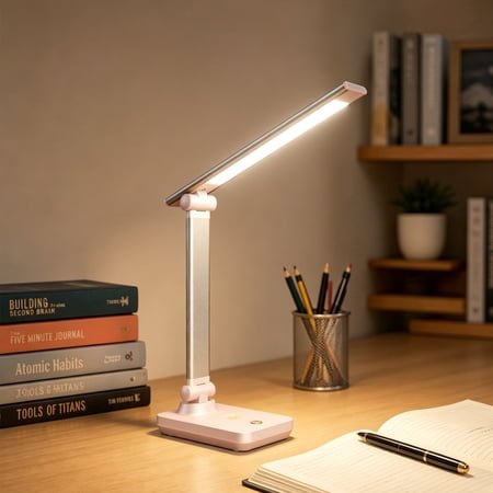 Portable LED Desk Lamp with Built‑In 5000mAh Battery, Touch Control, Dimmable Metal Light for Reading and Study, Pink