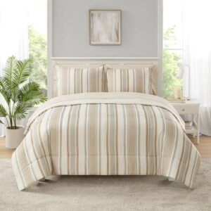 Mainstays All-In-One Reversible Comforter and Sheet Set - 7 Piece, Queen, Beige Stripe