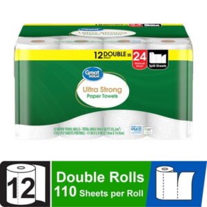 Great Value Ultra Strong Paper Towels, White, 12 Double Rolls, 1320 Sheets