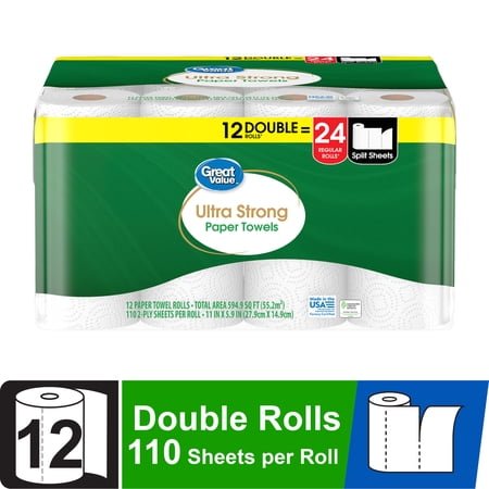Great Value Ultra Strong Paper Towels, White, 12 Double Rolls, 1320 Sheets