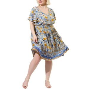 GRACE & GRANDEUR Women's Plus Size V Neck Flare Short Sleeves Floral Boho Midi Summer Dresses 2X Beige