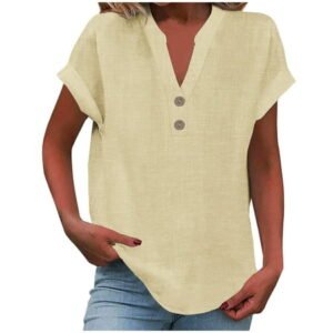 Chiccall Womens Plus Size Tops Fashion Casual Solid Cotton Linen Shirts V Neck Buttons Short Sleeve Tunic Blouse Summer Tops for Women 2026