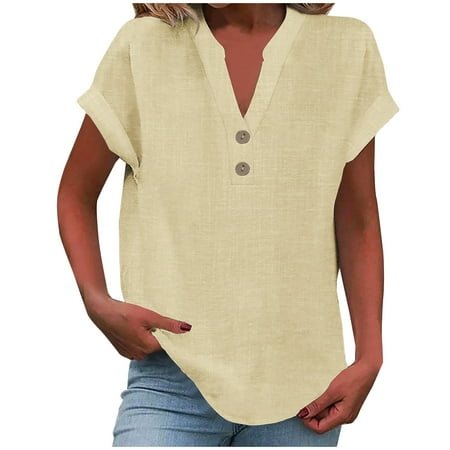 Chiccall Womens Plus Size Tops Fashion Casual Solid Cotton Linen Shirts V Neck Buttons Short Sleeve Tunic Blouse Summer Tops for Women 2026