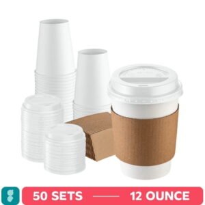 GUSTO 12 oz White Disposable Coffee Cups with Lids & Sleeves, Paper Hot Cups for Coffee & Tea, To Go Cups, 50 Count