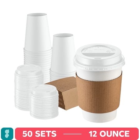 GUSTO 12 oz White Disposable Coffee Cups with Lids & Sleeves, Paper Hot Cups for Coffee & Tea, To Go Cups, 50 Count