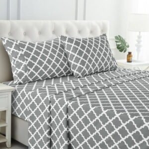 Lux Decor Queen Bed Sheets Set 4 Piece - Quatrefoil Pattern, Ultra Soft Sheet Deep Pocket Fit, Wrinkle Free, Breathable & Fade Resistant OEKO-TEX Certified, Grey