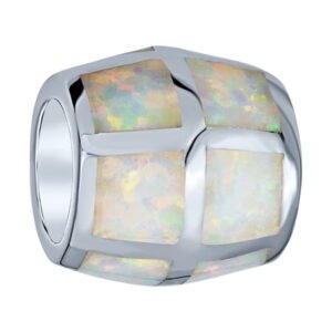 Bling Jewelry Womens Created White Opal Inlay Barrel Charm Bead .925 Sterling Silver for Bracelet