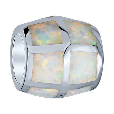 Bling Jewelry Womens Created White Opal Inlay Barrel Charm Bead .925 Sterling Silver for Bracelet