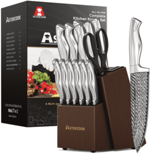 Astercook 14 Piece Kitchen Knife Set with Block and Built-in Sharpener, Full Tang Knives Sets German Stainless Steel, Dishwasher Safe Silver