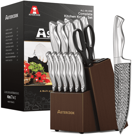 Astercook 14 Piece Kitchen Knife Set with Block and Built-in Sharpener, Full Tang Knives Sets German Stainless Steel, Dishwasher Safe Silver