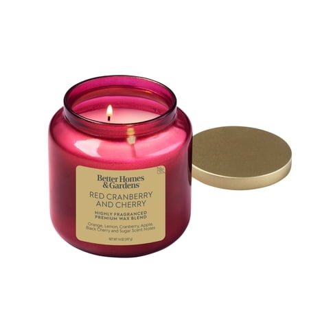 Better Homes & Gardens 2-Wick Red Glass Jar Candle with Gold Lid, Red Cranberry & Cherry, 14oz.