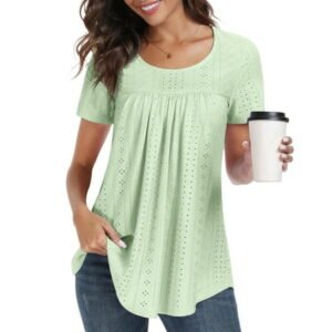 JuneFish Women's Tops Summer Sleeve Shirts Eyelet T Shirt Hollow Casual Blouse