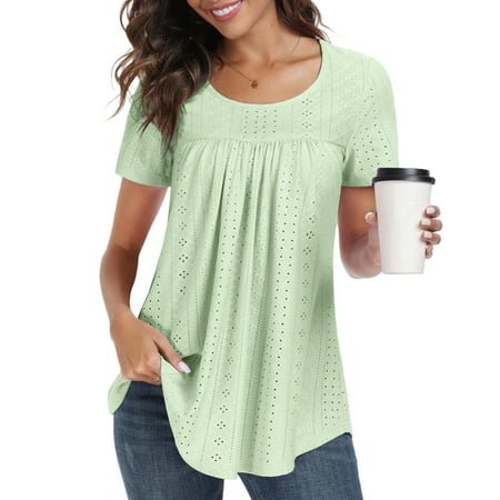 JuneFish Women's Tops Summer Sleeve Shirts Eyelet T Shirt Hollow Casual Blouse