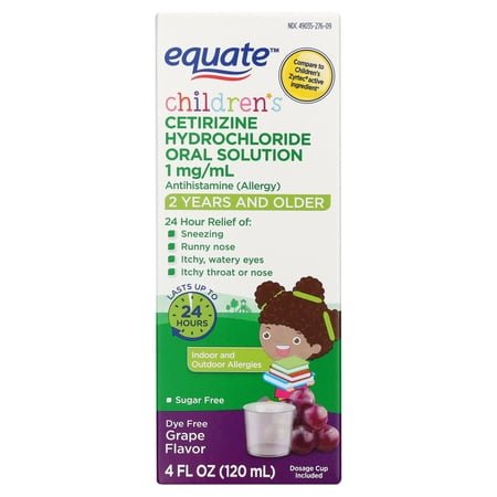 Equate Children's Allergy Cetirizine Hydrochloride Antihistamine Oral Solution, Grape Flavor, 1 mg, 4 fl oz