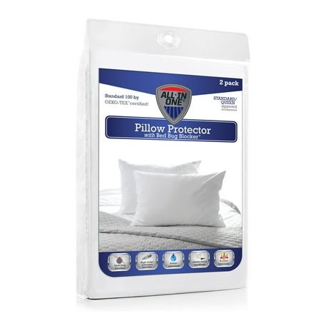 All-in-One Pillow Protector, 2 Pack, Zippered Encasement, Water & Stain Resistant, Standard/Queen, White