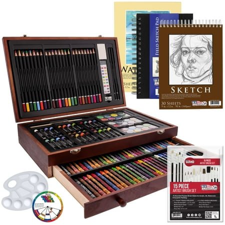 U.S. Art Supply 162-Piece Deluxe Mega Wood Box Art Painting and Drawing Set Artist Painting Pad, 2 Sketch Pads, 24 Watercolor Paint Colors, 24 Oil Pastels, 24 Colored Pencils, 60 Crayons, 2 Brushes