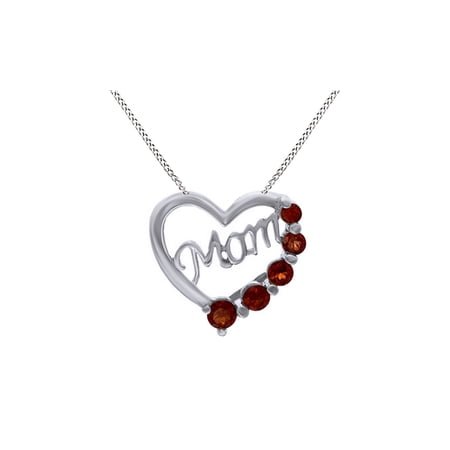 AFFY Simulated Garnet Five Stone Heart "MOM" Pendant in 14K White Gold Over Sterling Silver